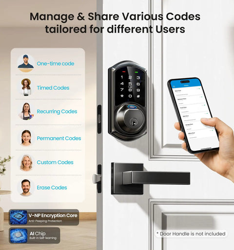 Badass 7 In 1 Fingerprint Smart Deadbolt Lock With App Control And Key Fobs In Sleek Matte Black showing features and user interface.