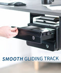 Under Desk Double Stacked Slide Out Drawers With Lock For Secure Home Office Storage Organizer Black Durable Steel Two Drawers Easy Mount Under Desk Keeps Gear Papers Cables Neat And Accessible with smooth gliding track.