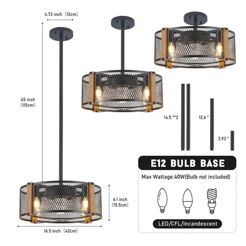 Farmhouse Caged Ceiling Fan With Lights And Remote Control, 17 Inch Low Profile Rustic Wood Color, shown in pendant mount view