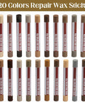 20 colors of No Sweat Wood Filler Sticks for Fast Scratch Repair Wax Crayons for Hardwood Floors cabinets and furniture touch up.