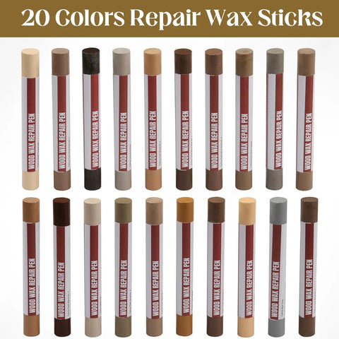 20 colors of No Sweat Wood Filler Sticks for Fast Scratch Repair Wax Crayons for Hardwood Floors cabinets and furniture touch up.