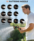 Man using retractable garden hose reel with 10 pattern nozzle for watering, showing mist pattern in action
