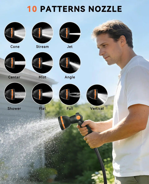 Man using retractable garden hose reel with 10 pattern nozzle for watering, showing mist pattern in action