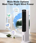 Windowless Portable Evaporative Cooler Tower Fan displaying mode options in a white room