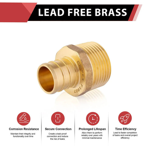 Pack Of 4 Pex 3/4 Inch To 3/4 Inch Male NPT Brass Crimp Fittings Adapter For Pex Tubing, shown in lead-free brass with features.
