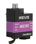 Purple Coreless Micro Servo For Axial SCX30 1 To 30 RC Crawler, metal gears visible on top, angled view