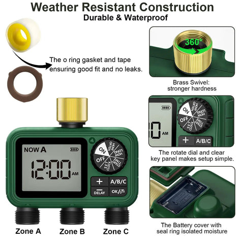 Outdoor Water Timer For Garden Hose With Auto Manual And Rain Delay Modes No Fuss 3 Zone Sprinkler Controller With Brass Inlet Easy Programmable Digital Timer For Yard Lawn Irrigation showing LCD display and brass swivel