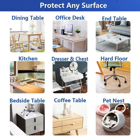 Grid of different surfaces showing uses for Clear 14x24 Inch Desk Blotter Mat Transparent PVC Table Protector Pad For Small Offices.