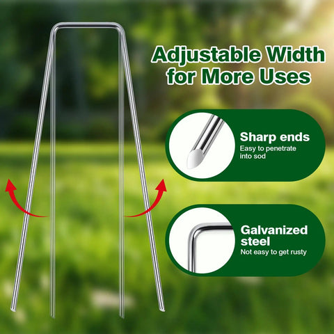 Beefy 6 Inch Landscape Staples 11-Gauge Galvanized U Shaped Yard Pins with sharp ends for securing weed barrier fabric.