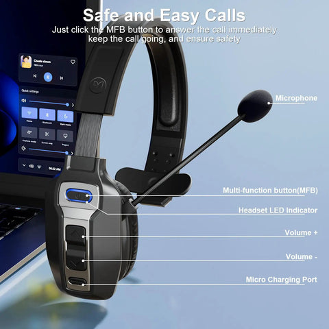 Trucker Bluetooth Headset With AI Noise Cancellation Microphone 65 Hours Talk Time Mute Button connected to laptop