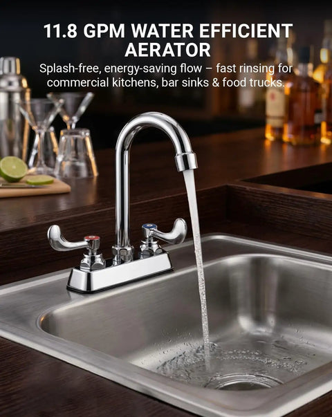 Phivan 4" Deck Mount Brass Kitchen Sink Faucet, 3-1/2" Gooseneck Spout with water flow in a stainless steel sink.