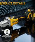 RhovixStar cordless angle grinder side view with yellow/black body, 2-position rubber handle and 18V battery.