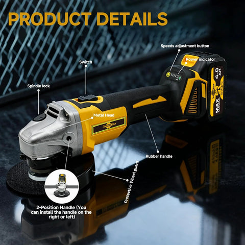 RhovixStar cordless angle grinder side view with yellow/black body, 2-position rubber handle and 18V battery.