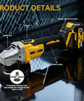 Cordless Angle Grinder Kit 21V With 3/8 Inch Arbor And 16 Threads, Brushless Motor, Variable Speed Up To 9000 RPM, features labeled