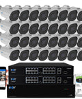 Boss Level 4K Security Camera System 32 Bullet Cameras with PoE switches and mobile app for surveillance configuration.
