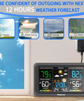 All-in-One Wireless Indoor Outdoor Weather Station With 7.5 Inch VA Color Display installed showing temperature, humidity, and forecast.