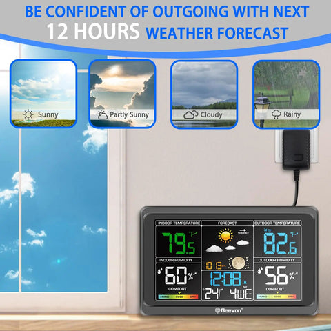 All-in-One Wireless Indoor Outdoor Weather Station With 7.5 Inch VA Color Display installed showing temperature, humidity, and forecast.