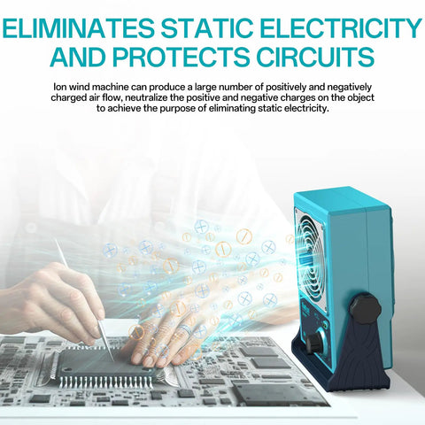 Pro Grade Ion Blower For Static Elimination And Ion Neutralization In Electronics Workstations And Maintenance A Powerhouse Tool For Clean Rooms And DIY Electronics Enthusiasts, blue desktop ion blower removing static from circuit boards