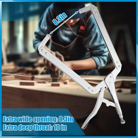 18 Inch C Clamp Locking Pliers For Heavy Duty Welding Table Clamps With Adjustable Pressure And Locking Design Deep Throat Large Eight Point Three Inch Opening Ideal For Securing Irregular Workpieces Four Piece Set, 8.3in opening shown