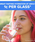 Person drinking water from a glass outdoors under a sign advertising 'great-tasting hydration at about 1¢ per glass.'