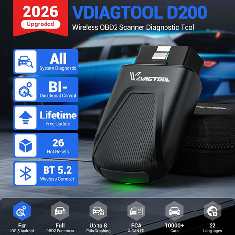 Bidirectional OBD2 Scanner With Bluetooth For iOS And Android D200, Full System Diagnostics and features icons displayed