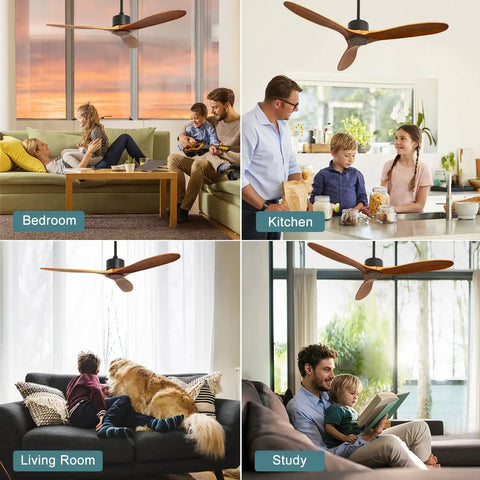 52 Inch Wood Ceiling Fan No Light With Remote For Indoor And Covered Outdoor Spaces Durable Rubber Wood 3 Blade