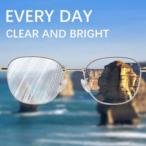 Eyeglasses with metal frames and reflective lenses against a seascape background.