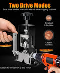 Badass Heavy Duty Wire Stripping Machine with manual and electric modes, stripping wires from 0.6 to 1 inch, aluminum alloy frame.