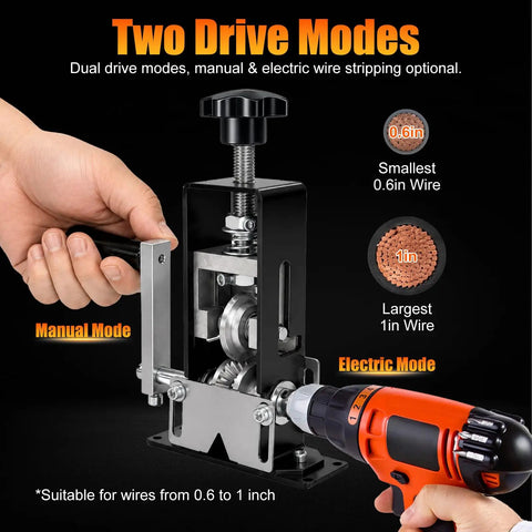 Badass Heavy Duty Wire Stripping Machine with manual and electric modes, stripping wires from 0.6 to 1 inch, aluminum alloy frame.