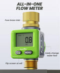 Water Flow Meter With Brass Body For Outdoor Garden Hose And Lawn Sprinkler, RV Tank Fill, 5 Percent Accuracy, showcased in green casing