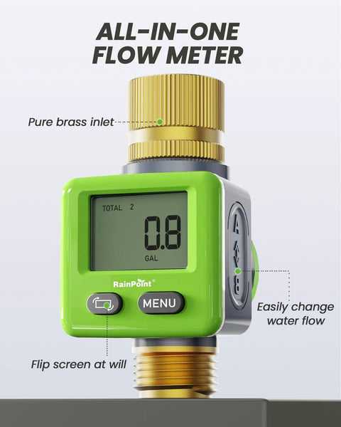 Water Flow Meter With Brass Body For Outdoor Garden Hose And Lawn Sprinkler, RV Tank Fill, 5 Percent Accuracy, showcased in green casing