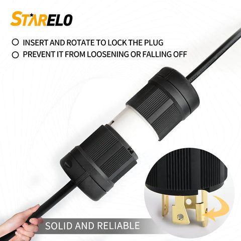 Locking NEMA L14-30P Generator Plug For 30A 125/250V 3 Pole 4 Wire Grounding Industrial Grade UL Listed adjustable rear cord clamp in use