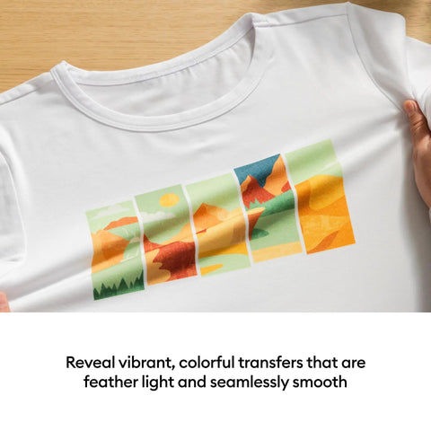 Close-up of Premium Sublimation Paper Pack 100 Sheets 8.5 By 11 Letter Size for vivid color transfers on a white T-shirt.