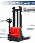 Heavy Duty Full Electric Pallet Stacker With 3300 Lb Load Capacity And 118 Inch Lift Height showing multifunctional handle and emergency button.
