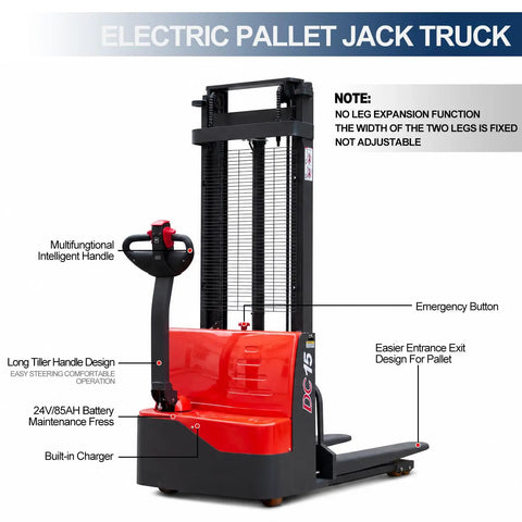 Heavy Duty Full Electric Pallet Stacker With 3300 Lb Load Capacity And 118 Inch Lift Height showing multifunctional handle and emergency button.