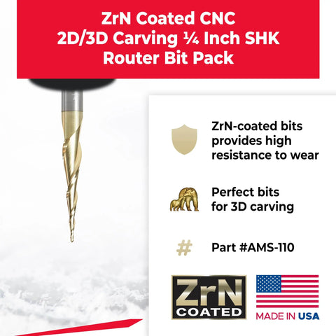Pro Grade Up Cut Spiral CNC Router Bit Set ZrN Coated Heavy Duty End Mill Tools for 2D 3D carving 1/4 shank router bits.