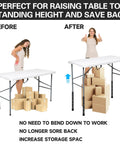 Before and after using 4 Pack Folding Table Leg Extenders for Adjustable Desk Height, lifting table to ergonomic height.