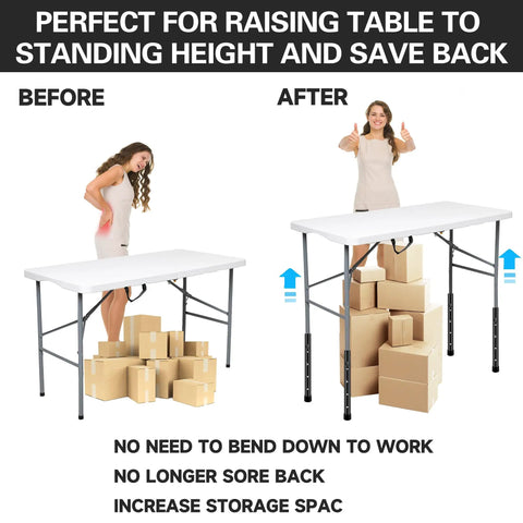 Before and after using 4 Pack Folding Table Leg Extenders for Adjustable Desk Height, lifting table to ergonomic height.