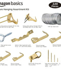 DIY Picture Hanging Hardware Kit 220 Piece Brass Finish Set With assorted hangers, D rings, steel wire, and screw eye hooks