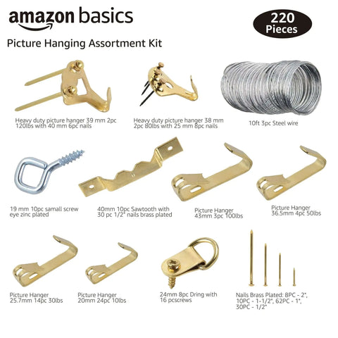 DIY Picture Hanging Hardware Kit 220 Piece Brass Finish Set With assorted hangers, D rings, steel wire, and screw eye hooks