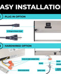 Instructions for installation of Linkable Under Cabinet Lights For Kitchen 24 Inch Satin Finish showing plug-in and hardwired options.