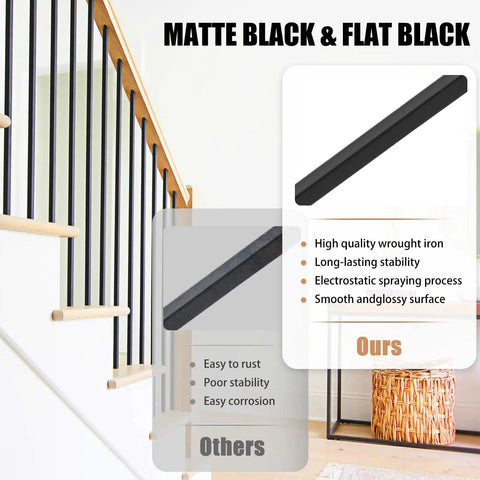 Top Shelf 30 Pack Of 44 Inch Wrought Iron Balusters With Badass Satin Black Finish displayed in staircase with wood railing.