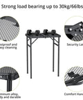 Foldable Grill Table With 3 Height Settings Up To 29.5 Inches Lightweight Camping Table With Heat Resistant Mesh Top Waterproof Portable Handle For Outdoor Cooking BBQ Tailgate Or Picnic Setup, featuring aluminum alloy frame and security latch details