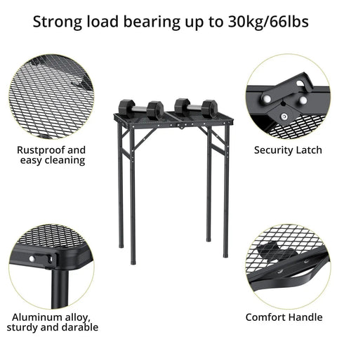 Foldable Grill Table With 3 Height Settings Up To 29.5 Inches Lightweight Camping Table With Heat Resistant Mesh Top Waterproof Portable Handle For Outdoor Cooking BBQ Tailgate Or Picnic Setup, featuring aluminum alloy frame and security latch details