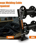 Beefy Heavy Duty Dual Welding Cable Reel with 10 Degree Tilting Base holding cable, showing organized before and after use