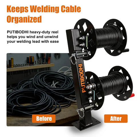 Beefy Heavy Duty Dual Welding Cable Reel with 10 Degree Tilting Base holding cable, showing organized before and after use