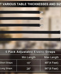 Hidden Strap Tablecloth Clips For Windy Picnics And Thick Indoor Outdoor Tables showing five adjustable black elastic straps