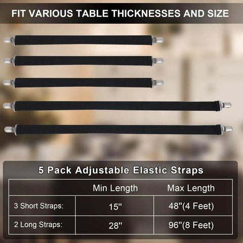 Hidden Strap Tablecloth Clips For Windy Picnics And Thick Indoor Outdoor Tables showing five adjustable black elastic straps