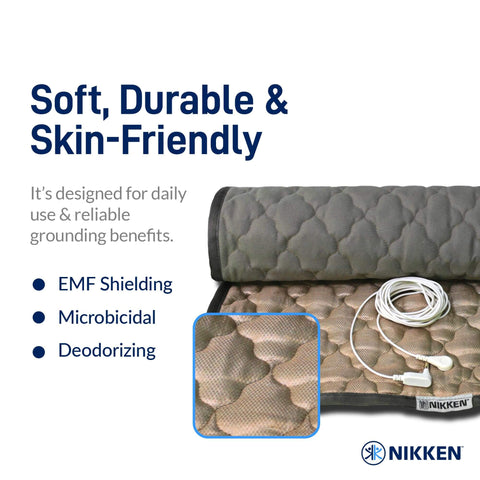 KenkoGround Grounding Mat 18x36 in black, features soft texture, EMF shielding, microbicidal, for pain relief and sleep support.