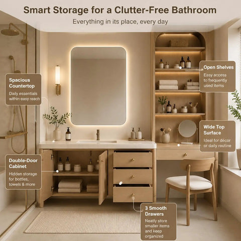 Modern 66 Inch Freestanding Bathroom Vanity Single Sink With Dedicated Makeup Station Heavy Duty Solid Wood Construction Massive Storage Organizers featuring spacious countertop and open shelves.